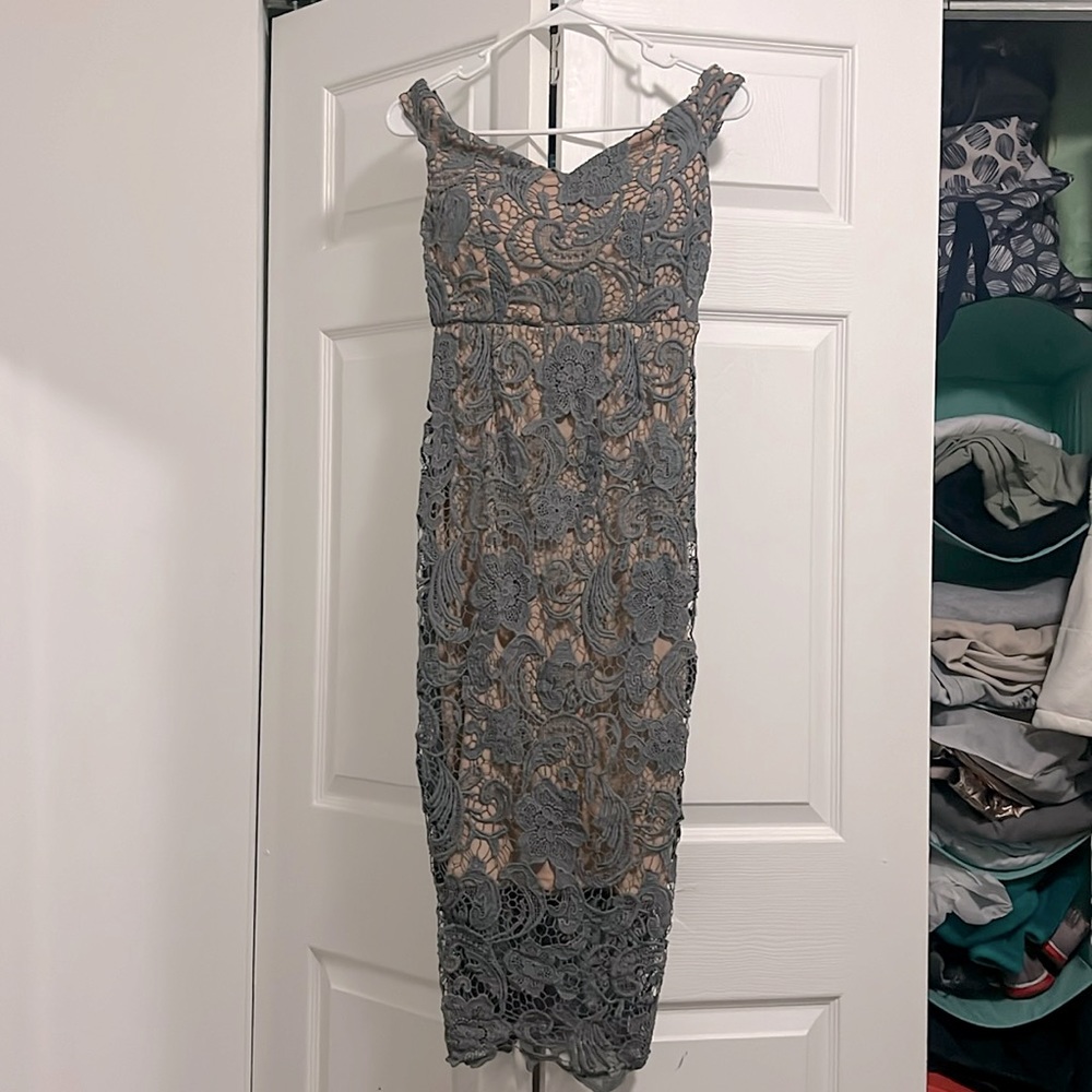 Gray and beige crochet lace midi dress